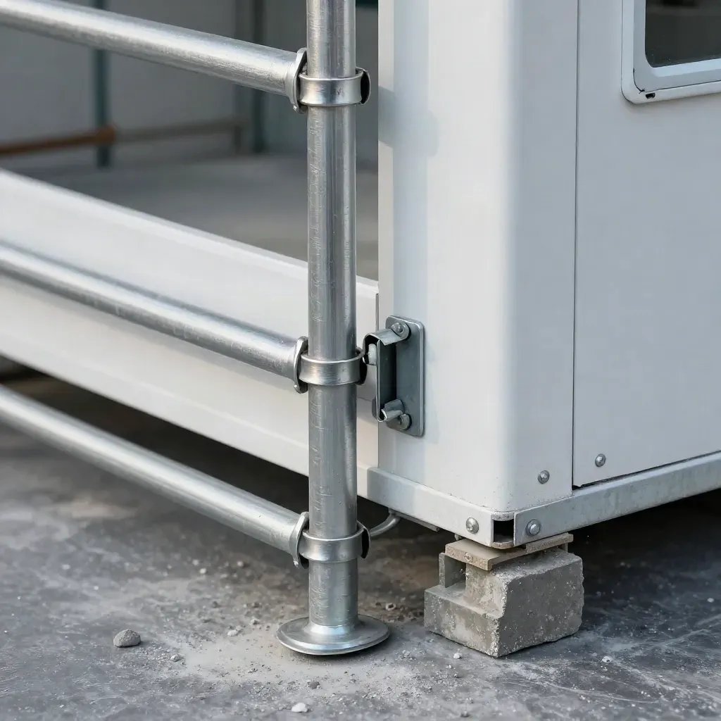 Tubos galvanizados, valla blanca y caseta de obra cerrada junto a hormigón en construcción