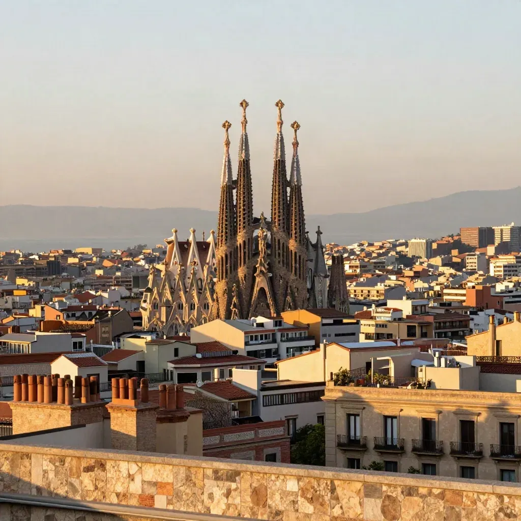 Sagrada Família sobre los tejados del Eixample al atardecer con bruma marina.