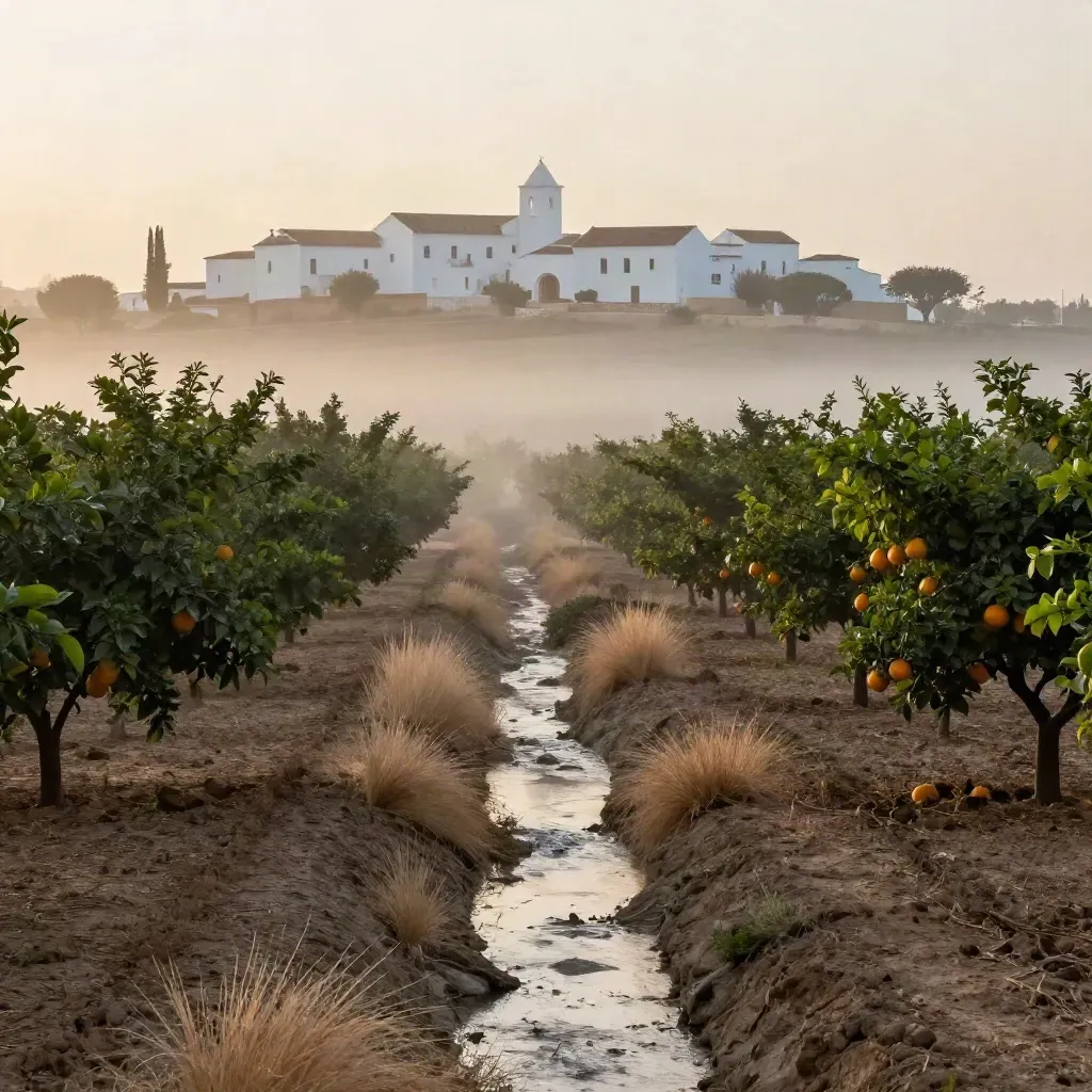 Huerta valenciana al amanecer con acequia, naranjos y casas blancas entre niebla